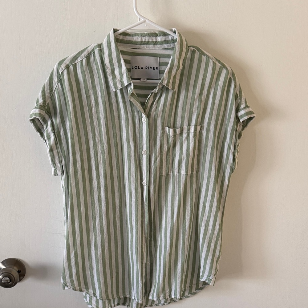 Lola River Green & White Striped Button-Front Blouse